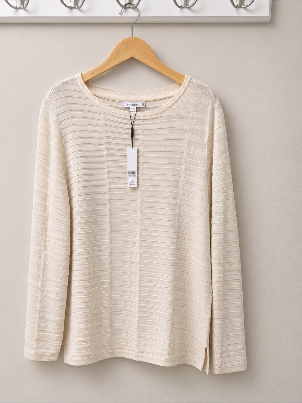 Chico’s Sweater Ribbed Textured Pullover NWT Long Sleeve Crew Neck Cream XL
